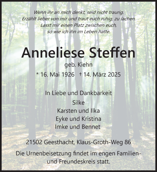 Traueranzeige von Anneliese Steffen von Wochenend Anzeiger