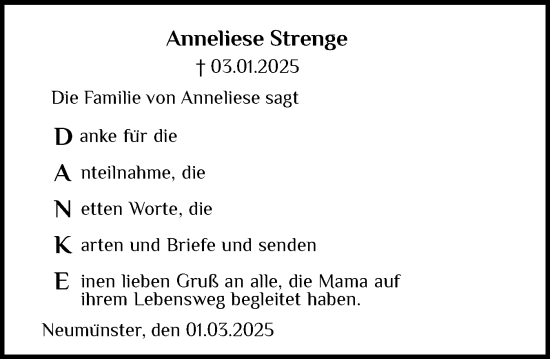 Traueranzeige von Anneliese Strenge von Holsteinischer Courier