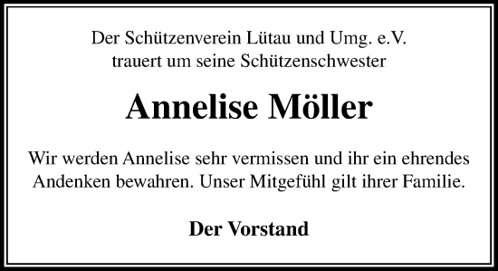 Traueranzeige von Annelise Möller von Wochenend Anzeiger