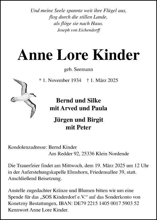 Traueranzeige von Anne Lore Kinder von Elmshorner Nachrichten, Barmstedter Zeitung