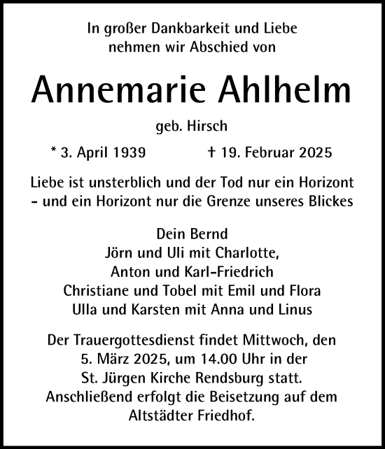 Traueranzeige von Annemarie Ahlhelm von Schleswig-Holsteinische Landeszeitung