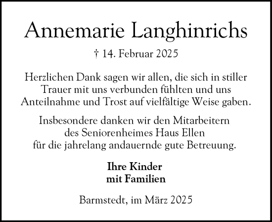 Traueranzeige von Annemarie Langhinrichs von Elmshorner Nachrichten, Barmstedter Zeitung