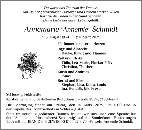 Traueranzeige von Annemarie Schmidt von Schleswiger Nachrichten, Schlei-Bote