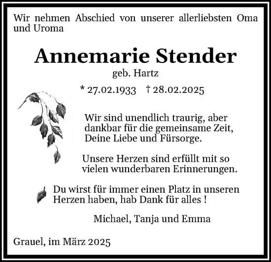 Traueranzeige von Annemarie Stender von Holsteinischer Courier