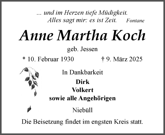 Traueranzeige von Anne Martha Koch von Husumer Nachrichten, Nordfriesland Tageblatt