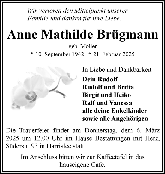 Traueranzeige von Anne Mathilde Brügmann von Flensburger Tageblatt