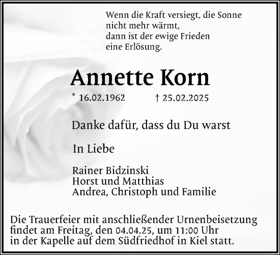 Traueranzeige von Annette Korn von Holsteinischer Courier