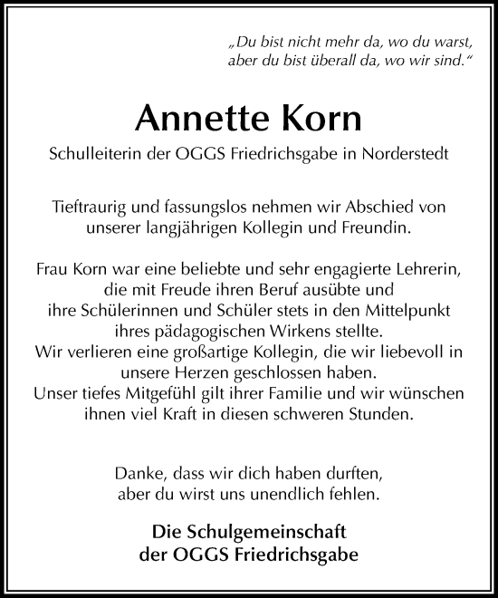 Traueranzeige von Annette Korn von Heimatspiegel