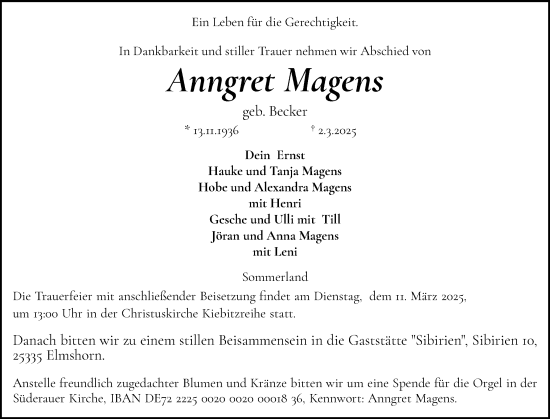 Traueranzeige von Anngret Magens von Region Steinburg-Elmshorn
