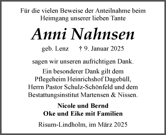 Traueranzeige von Anni Nahnsen von Husumer Nachrichten, Nordfriesland Tageblatt