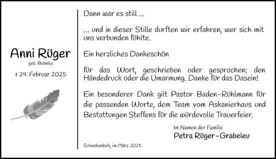 Traueranzeige von Anni Rüger von Wochenend Anzeiger