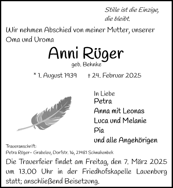 Traueranzeige von Anni Rüger von Wochenend Anzeiger