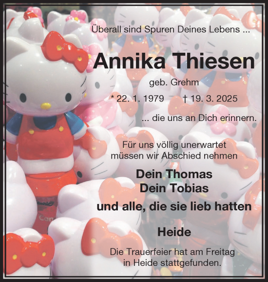 Traueranzeige von Annika Thiesen von Die WochenSchau Gesamtausgabe
