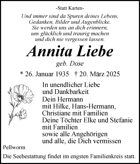 Traueranzeige von Annita Liebe von Husumer Nachrichten, Nordfriesland Tageblatt