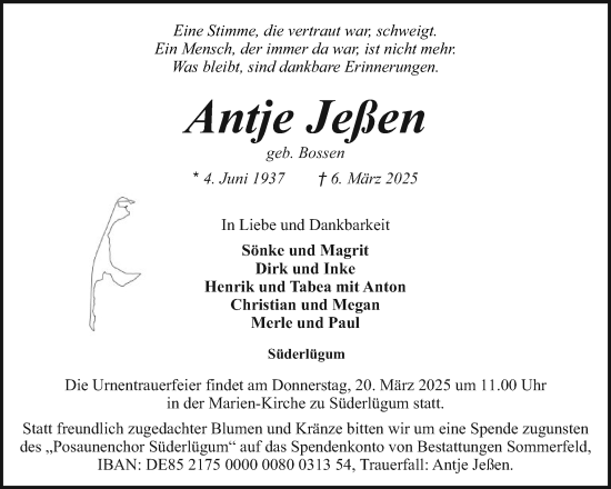 Traueranzeige von Antje Jeßen von Husumer Nachrichten, Nordfriesland Tageblatt