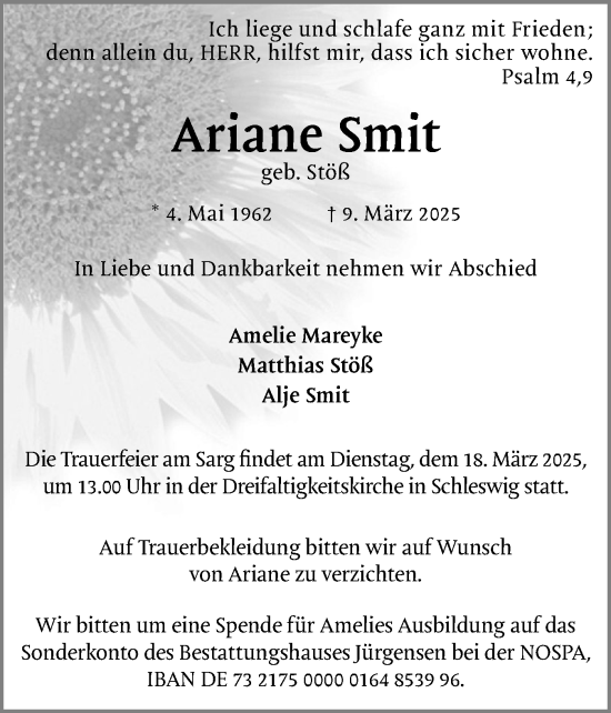 Traueranzeige von Ariane Smit von Schleswiger Nachrichten, Schlei-Bote