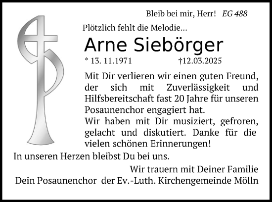 Traueranzeige von Arne Siebörger von MARKT Ratzeburg/Mölln