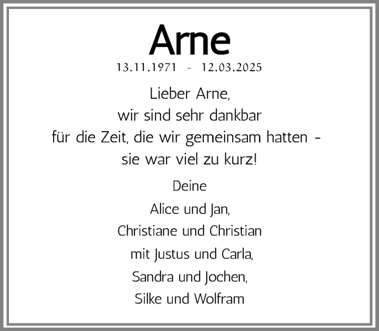 Traueranzeige von Arne Siebörger von MARKT Ratzeburg/Mölln