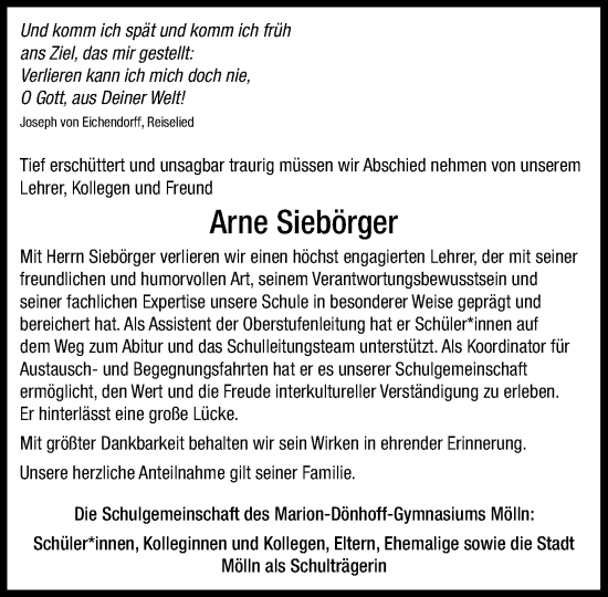 Traueranzeige von Arne Siebörger von MARKT Ratzeburg/Mölln