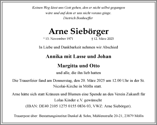 Traueranzeige von Arne Siebörger von MARKT Ratzeburg/Mölln