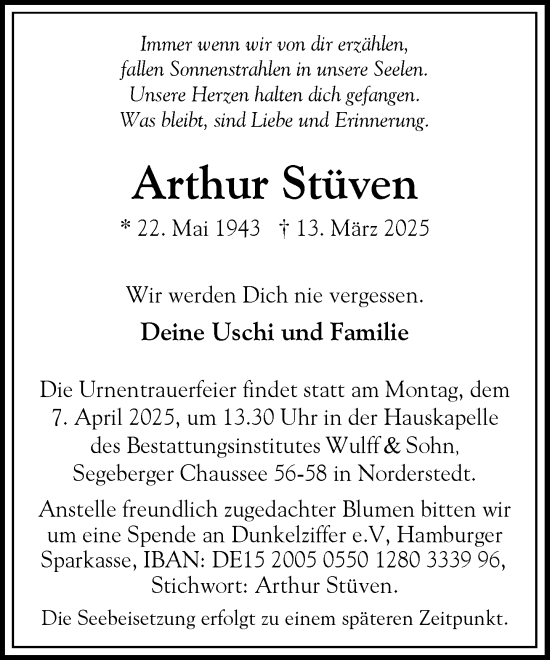 Traueranzeige von Arthur Stüven von Heimatspiegel