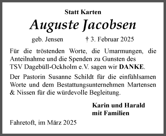 Traueranzeige von Auguste Jacobsen von Husumer Nachrichten, Nordfriesland Tageblatt