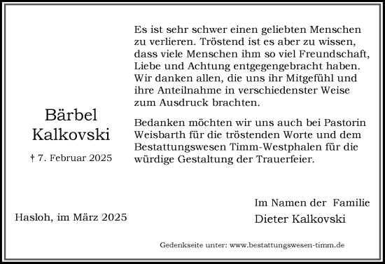 Traueranzeige von Bärbel Kalkovski von Region Pinneberg und tip Pinneberg