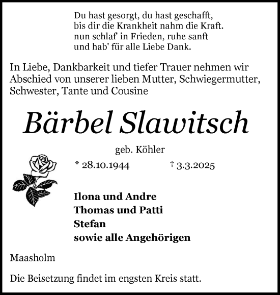 Traueranzeige von Bärbel Slawitsch von Schleswiger Nachrichten, Schlei-Bote