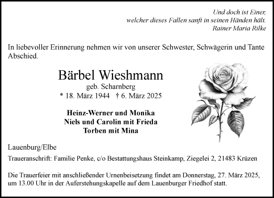 Traueranzeige von Bärbel Wieshmann von Wochenend Anzeiger