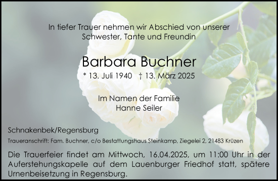 Traueranzeige von Barbara Buchner von Wochenend Anzeiger