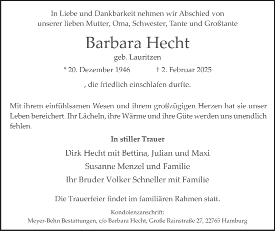 Traueranzeige von Barbara Hecht von Flensburger Tageblatt