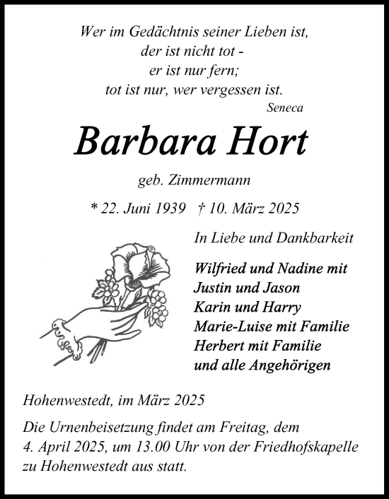 Traueranzeige von Barbara Hort von Schleswig-Holsteinische Landeszeitung