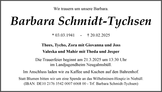 Traueranzeige von Barbara Schmidt-Tychsen von Husumer Nachrichten, Nordfriesland Tageblatt