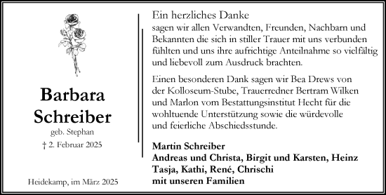 Traueranzeige von Barbara Schreiber von MARKT Bad Oldesloe/Reinfeld und Stormarner Tageblatt