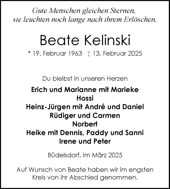 Traueranzeige von Beate Kelinski von Schleswig-Holsteinische Landeszeitung
