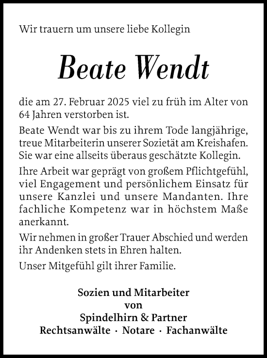 Traueranzeige von Beate Wendt von Schleswig-Holsteinische Landeszeitung