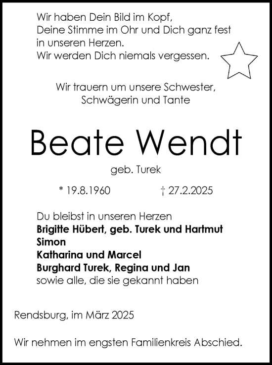 Traueranzeige von Beate Wendt von Schleswig-Holsteinische Landeszeitung