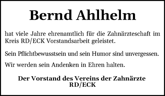 Traueranzeige von Bernd Ahlhelm von Schleswig-Holsteinische Landeszeitung