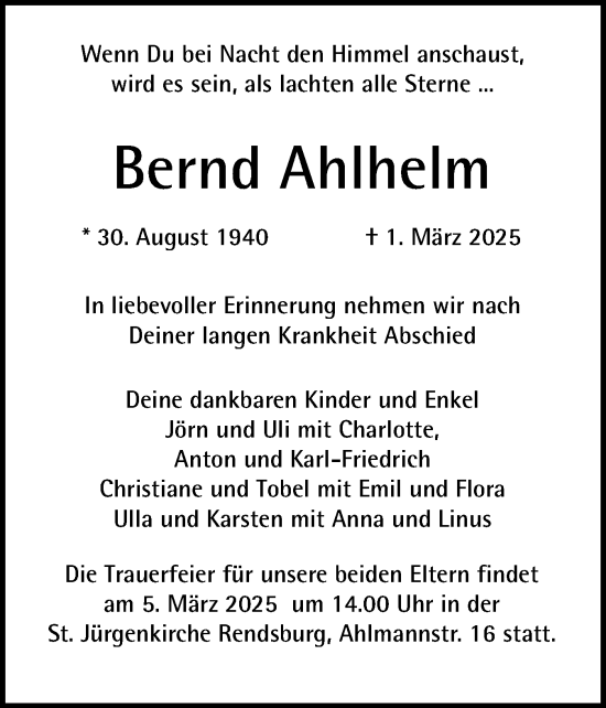Traueranzeige von Bernd Ahlhelm von Schleswig-Holsteinische Landeszeitung