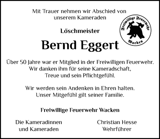 Traueranzeige von Bernd Eggert von Norddeutsche Rundschau, Wilstersche Zeitung, Glückstädter Fortuna