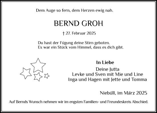 Traueranzeige von Bernd Groh von Husumer Nachrichten, Nordfriesland Tageblatt