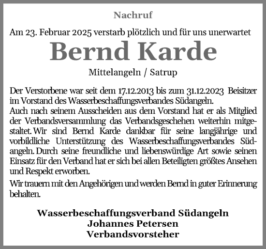 Traueranzeige von Bernd Karde von Flensburger Tageblatt, Schleswiger Nachrichten, Schlei-Bote