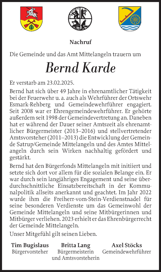 Traueranzeige von Bernd Karde von Flensburger Tageblatt, Schleswiger Nachrichten, Schlei-Bote