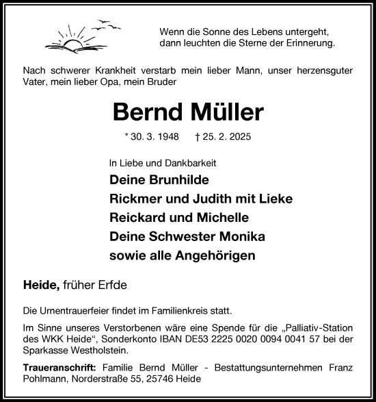 Traueranzeige von Bernd Müller von Schleswig-Holsteinische Landeszeitung