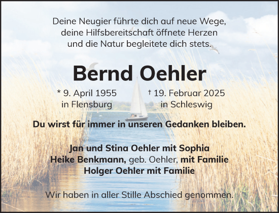 Traueranzeige von Bernd Oehler von Flensburger Tageblatt, Schleswiger Nachrichten, Schlei-Bote