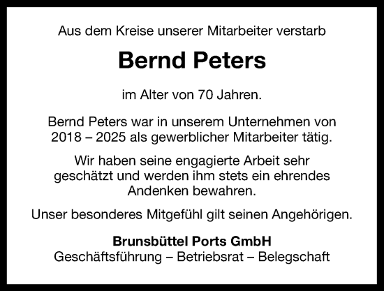 Traueranzeige von Bernd Peters von Norddeutsche Rundschau, Wilstersche Zeitung, Glückstädter Fortuna