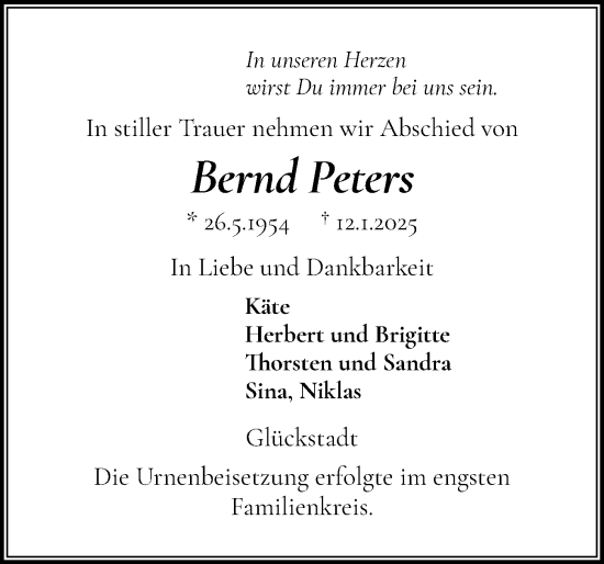 Traueranzeige von Bernd Peters von Norddeutsche Rundschau, Wilstersche Zeitung, Glückstädter Fortuna
