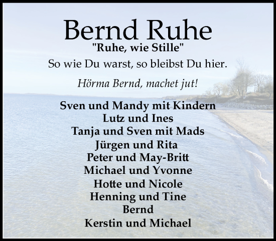 Traueranzeige von Bernd Ruhe von Flensburger Tageblatt
