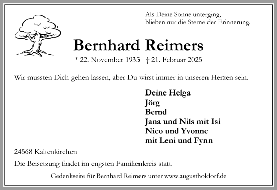 Traueranzeige von Bernhard Reimers von Umschau