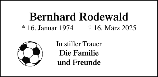 Traueranzeige von Bernhard Rodewald von MARKT Ratzeburg/Mölln